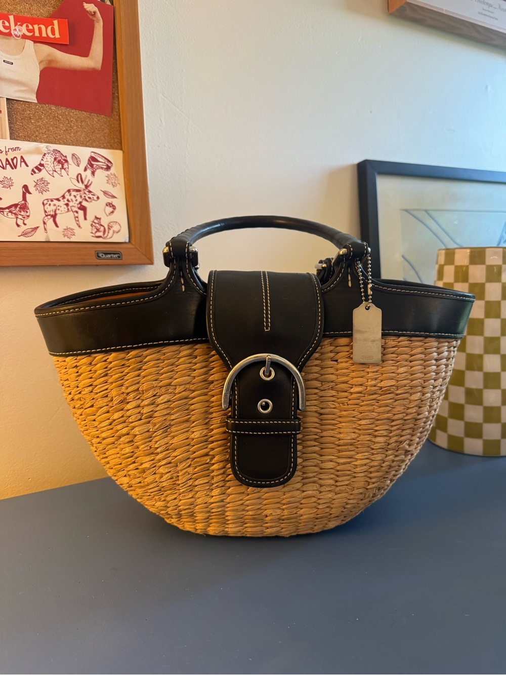 Coach Black Leather & Straw Tote Bag - rare & vintage